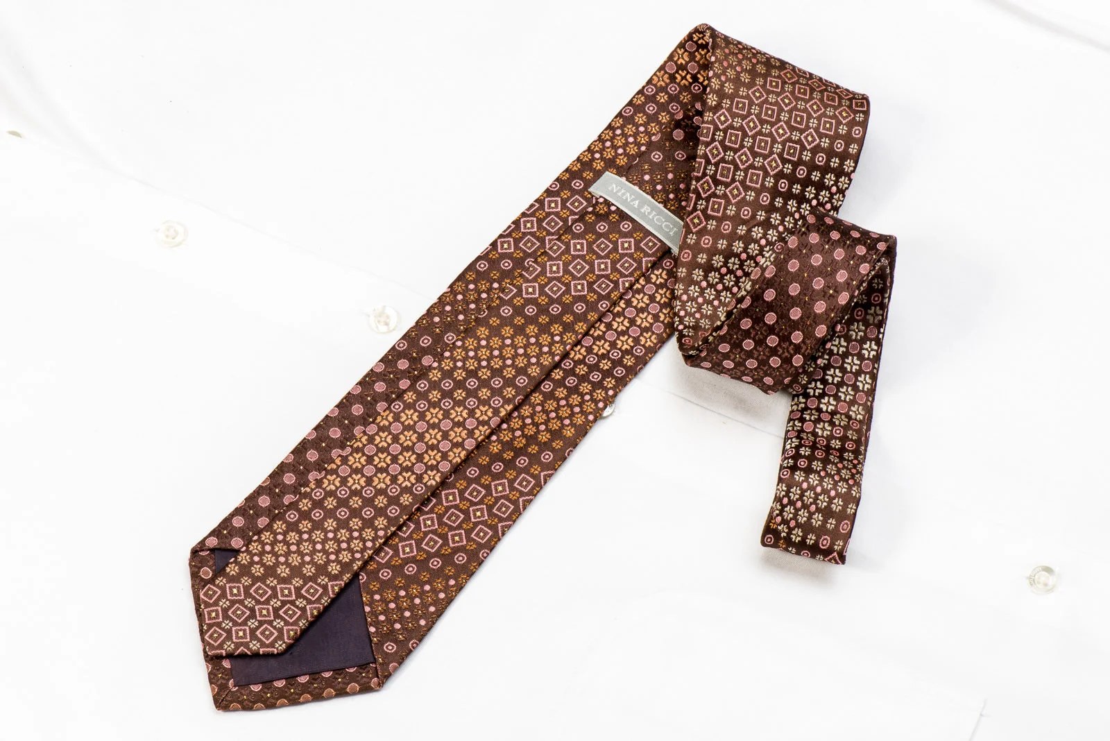 Nina Ricci Men's Silk Necktie Geometric On Brown With Gold Sparkles - Image 3