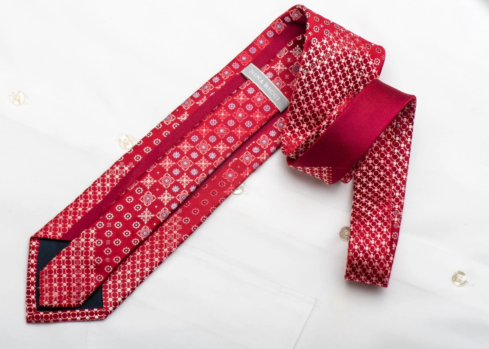 Nina Ricci Men's Silk Necktie Geometric On Red With Crystal Rhinestones - Image 4