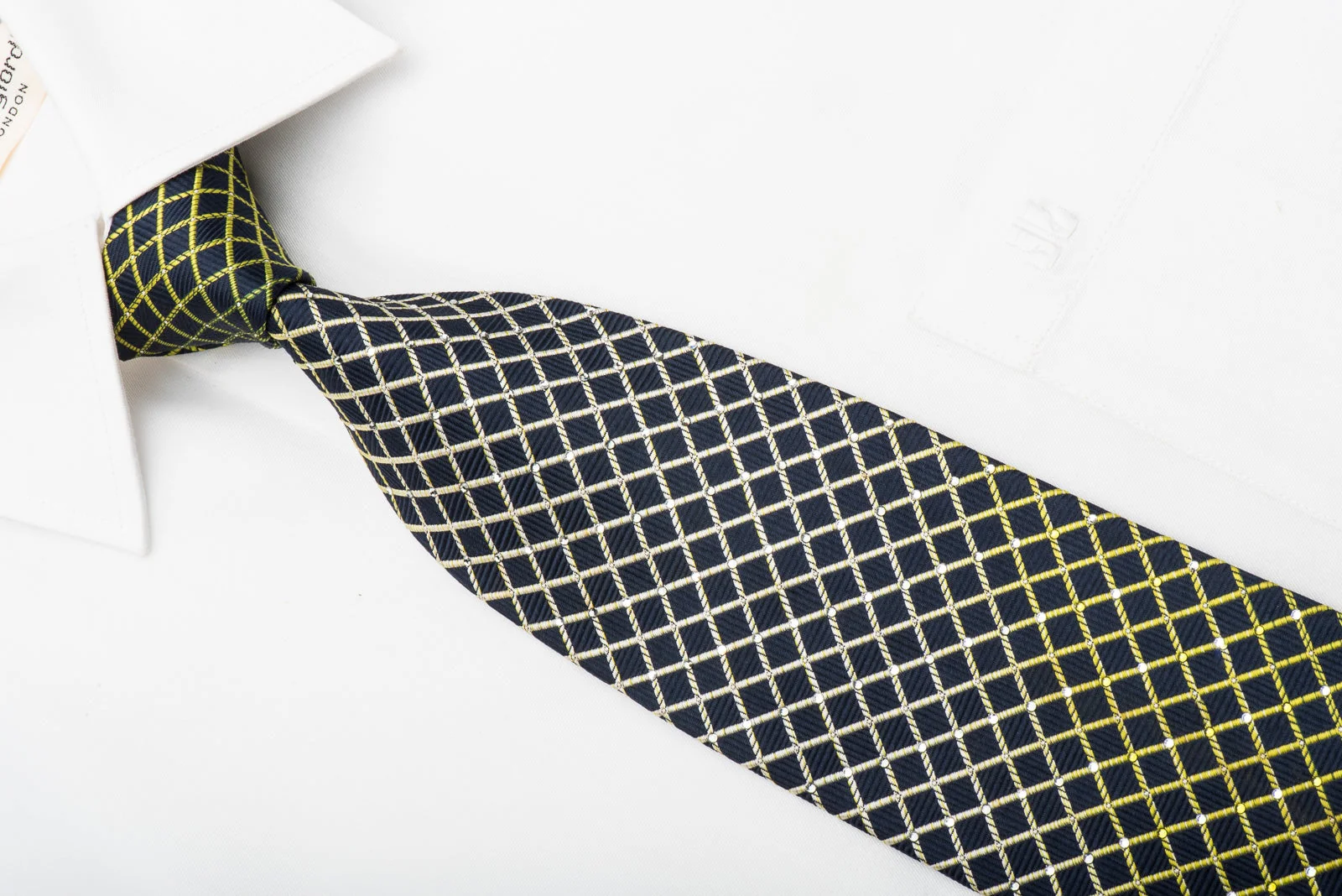 Nina Ricci Men's Silk Necktie Green Trellis On Navy Blue Sparkling With Crystal Rhinestones - Image 6