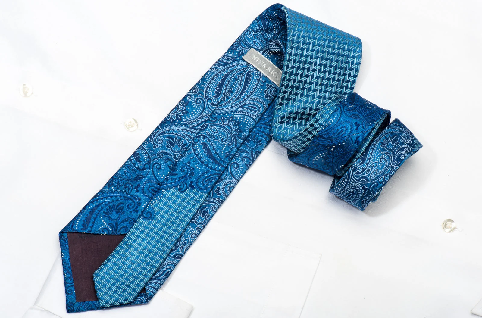 Nina Ricci Men's Silk Necktie Paisley On Blue Sparkling With Rhinestones - Image 5