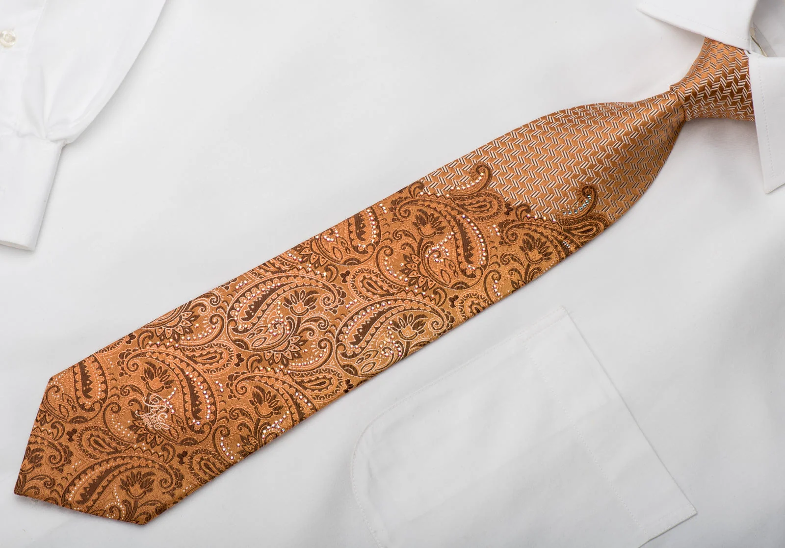 Nina Ricci Men's Silk Necktie Paisley On Golden Orange Sparkling With Rhinestones - Image 5