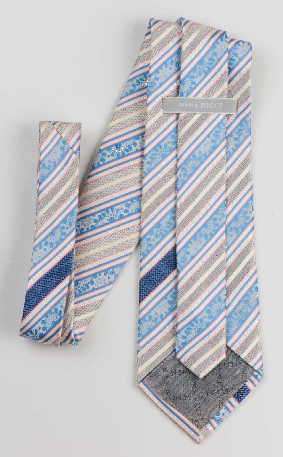 Nina Ricci Men's Silk Rhinestone Neck Tie Blue Floral Silver Striped On White Whith Silver Sparkles - Image 7