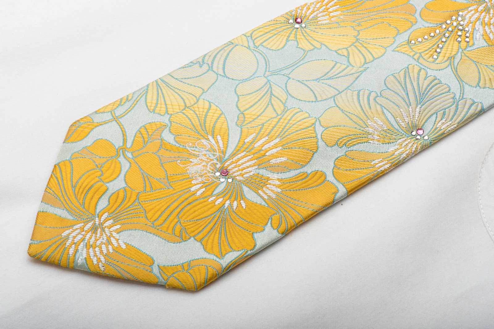 Nina Ricci Men's Silk Tie Orange Floral On Light Blue Sparkling With Rhinestones - Image 3