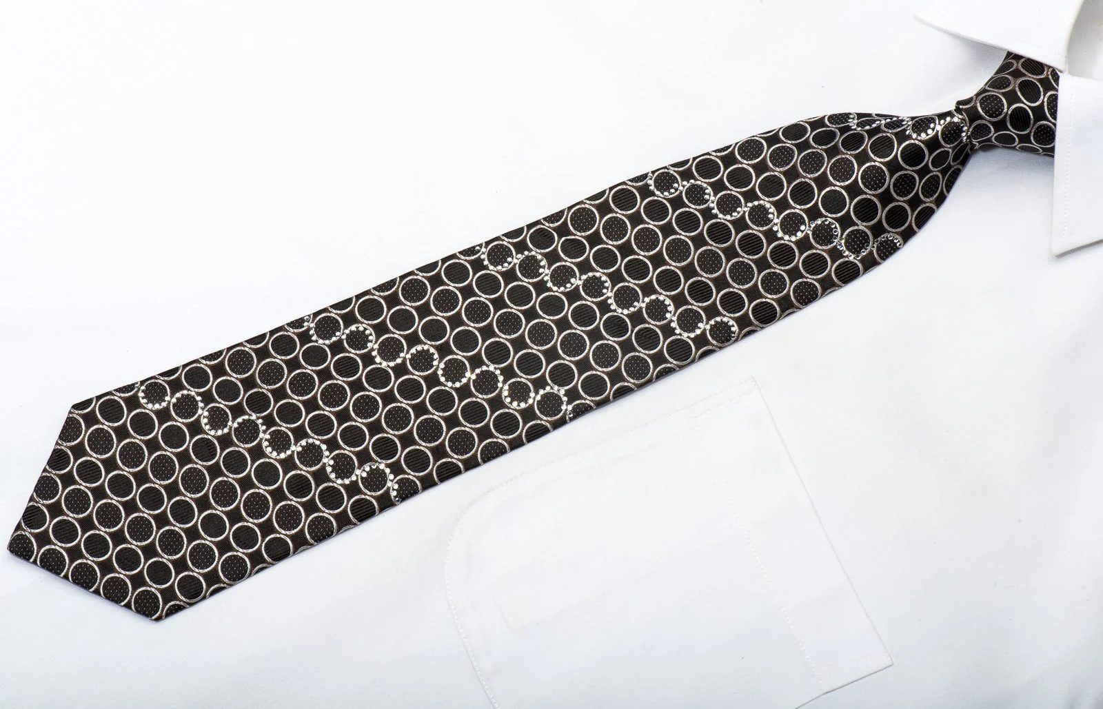 Nina Ricci Men's Silk Tie Silver Circles On Black Sparkling With Rhinestones - Image 3