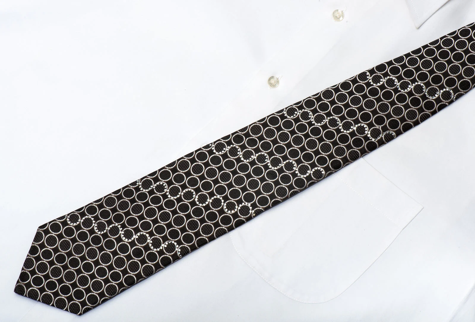 Nina Ricci Men's Silk Tie Silver Circles On Black Sparkling With Rhinestones - Image 4