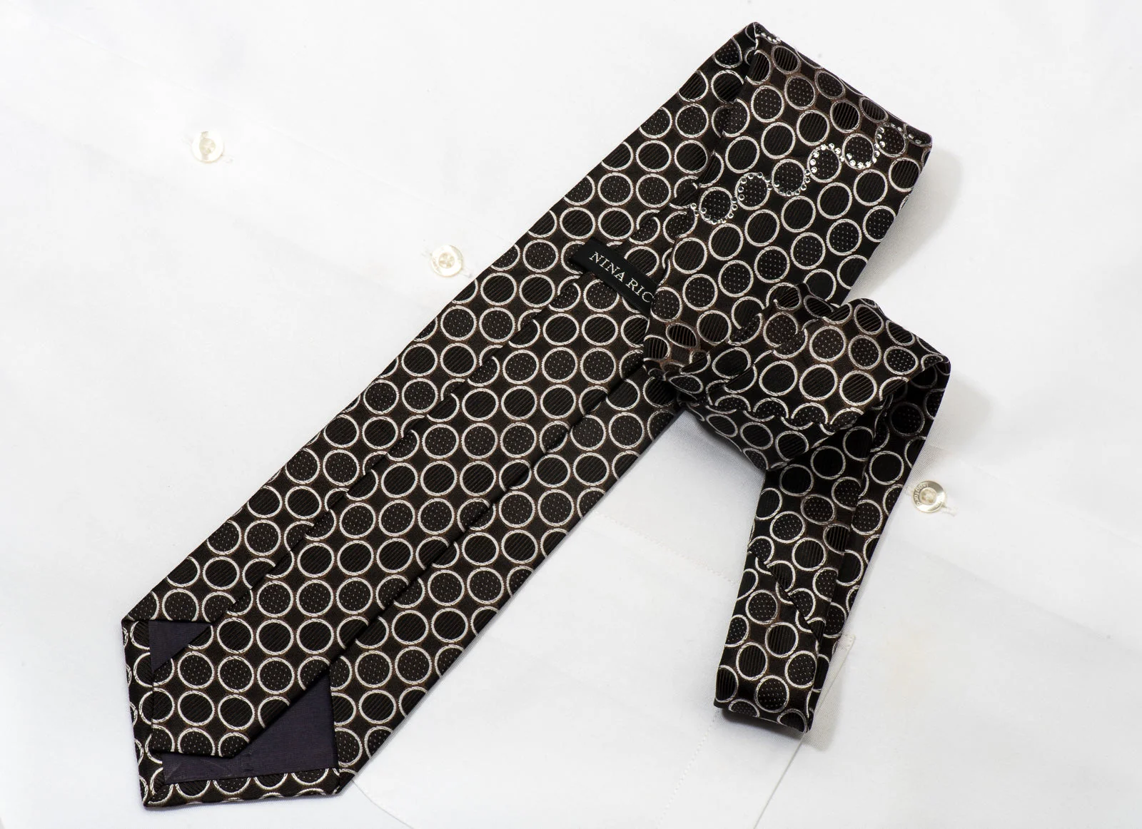 Nina Ricci Men's Silk Tie Silver Circles On Black Sparkling With Rhinestones - Image 5