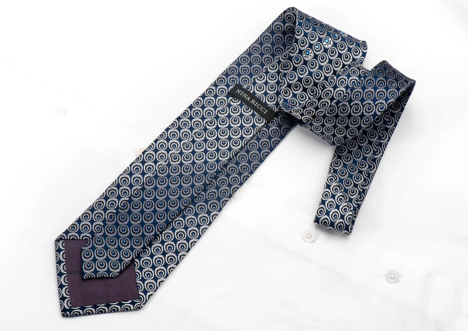 Nina Ricci Men's Silk Tie Silver Geometric On Blue Sparkling With Crystal Rhinestones - Image 3