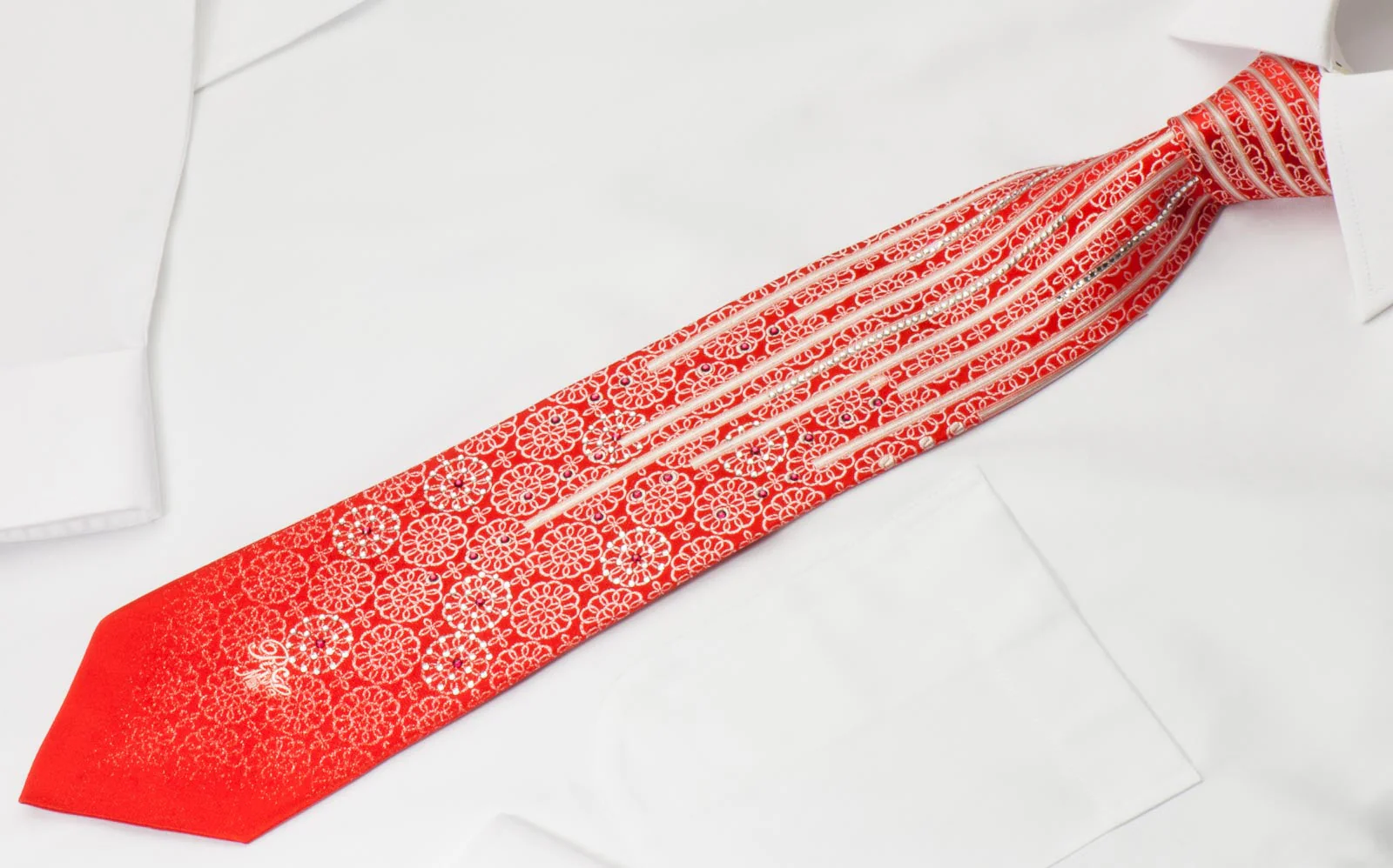 Nina Ricci Men's Silk Tie Silver Medallions On Red With Crystal Rhinestones - Image 2