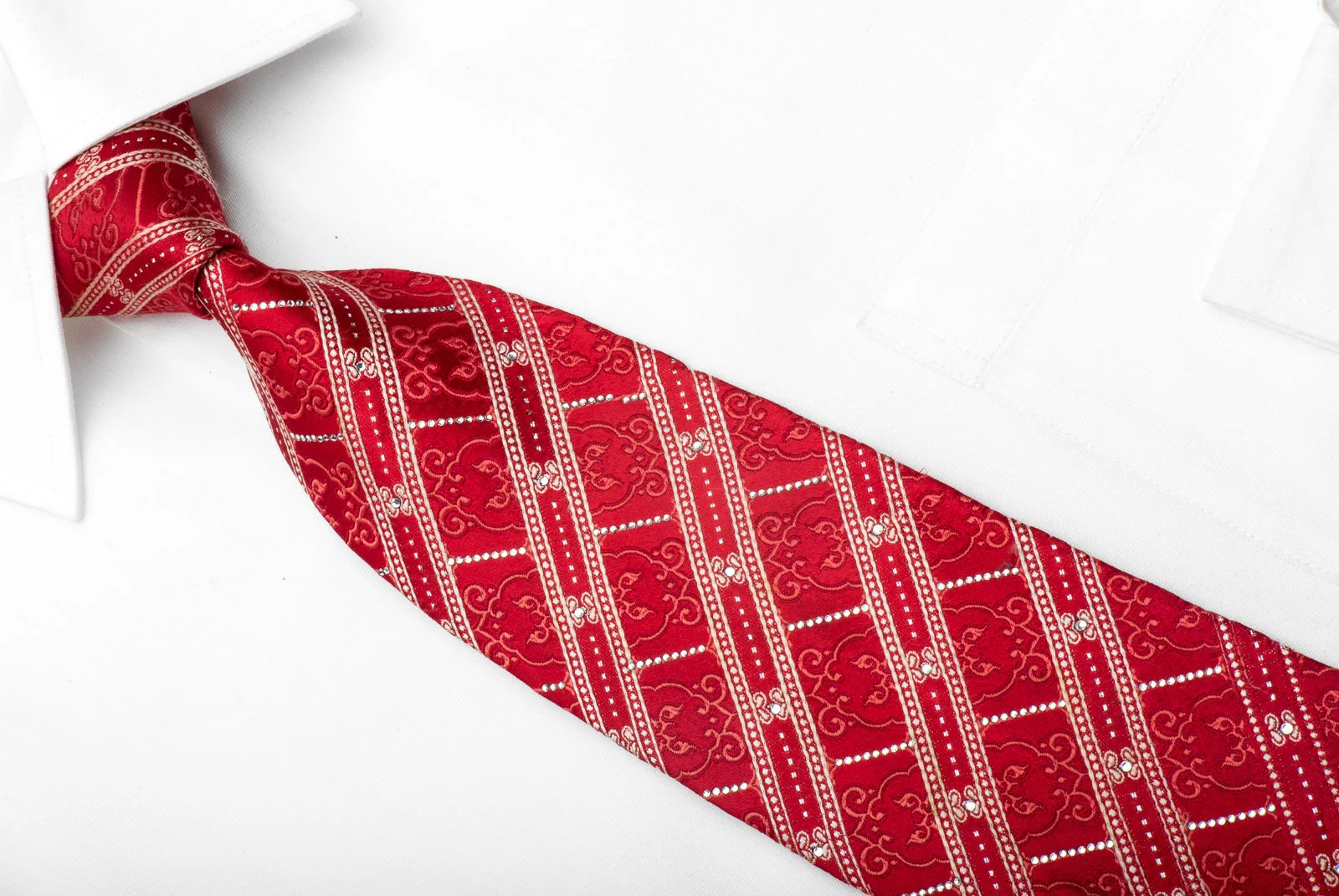 Nina Ricci Men's Silk Tie Striped On Red Sparkling With Rhinestones - Image 3