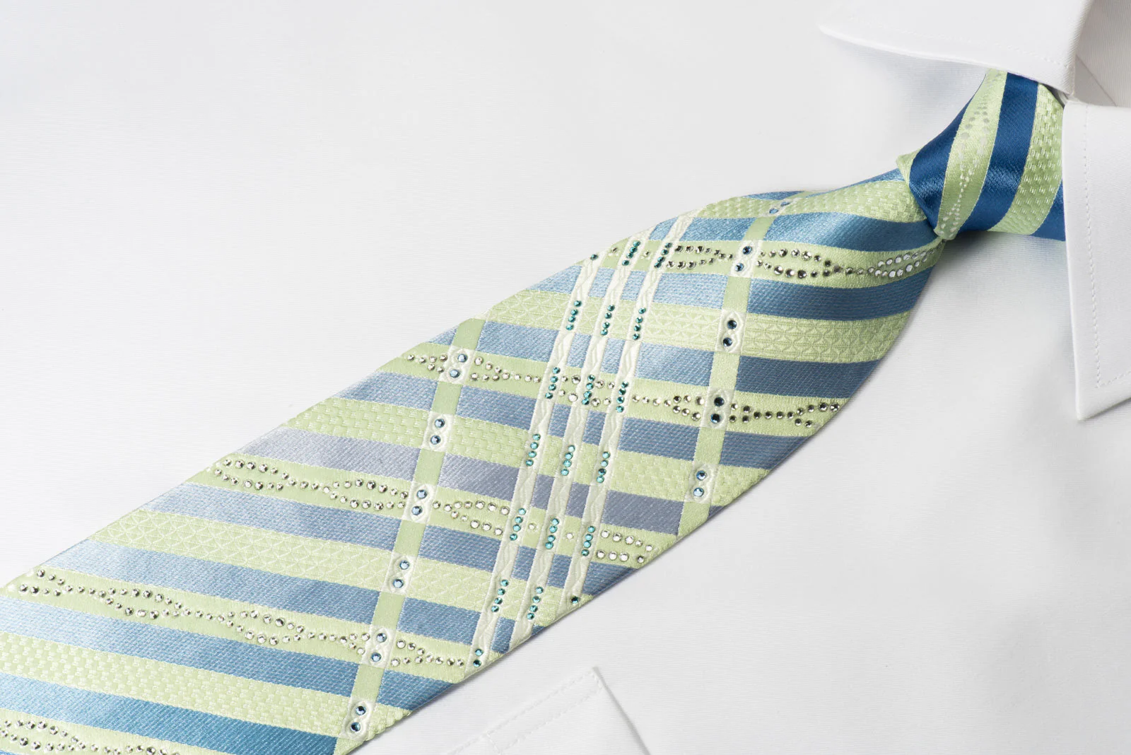 Nina Ricci Men's Woven Silk Rhinestone Necktie Green Blue Stripes