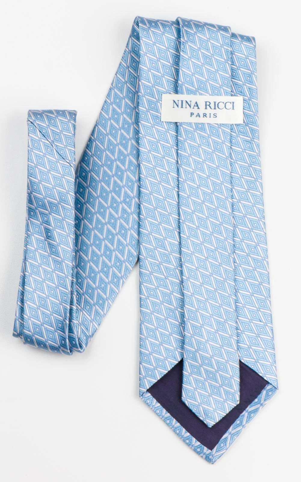 Nina Ricci Men's Woven Silk Tie Blue Checked Diamonds Pattern On White - Image 5
