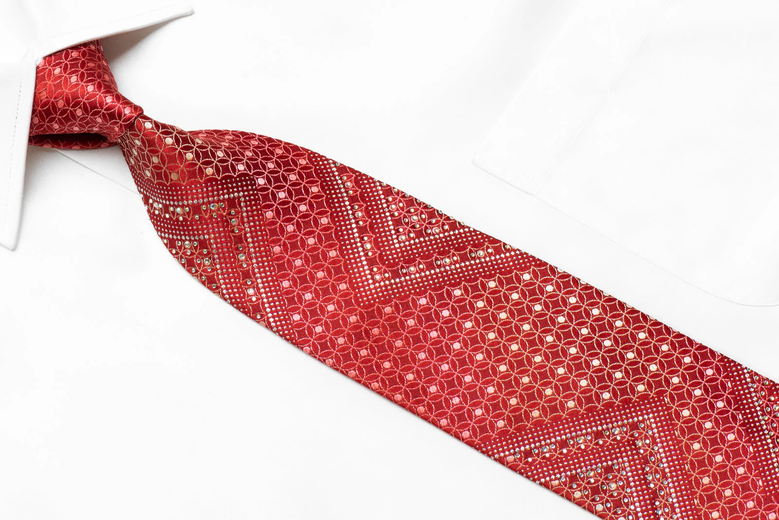 Nina Ricci Mens Rhinestone Silk Necktie Interlocking Circles On Red With Sparkles - Image 2