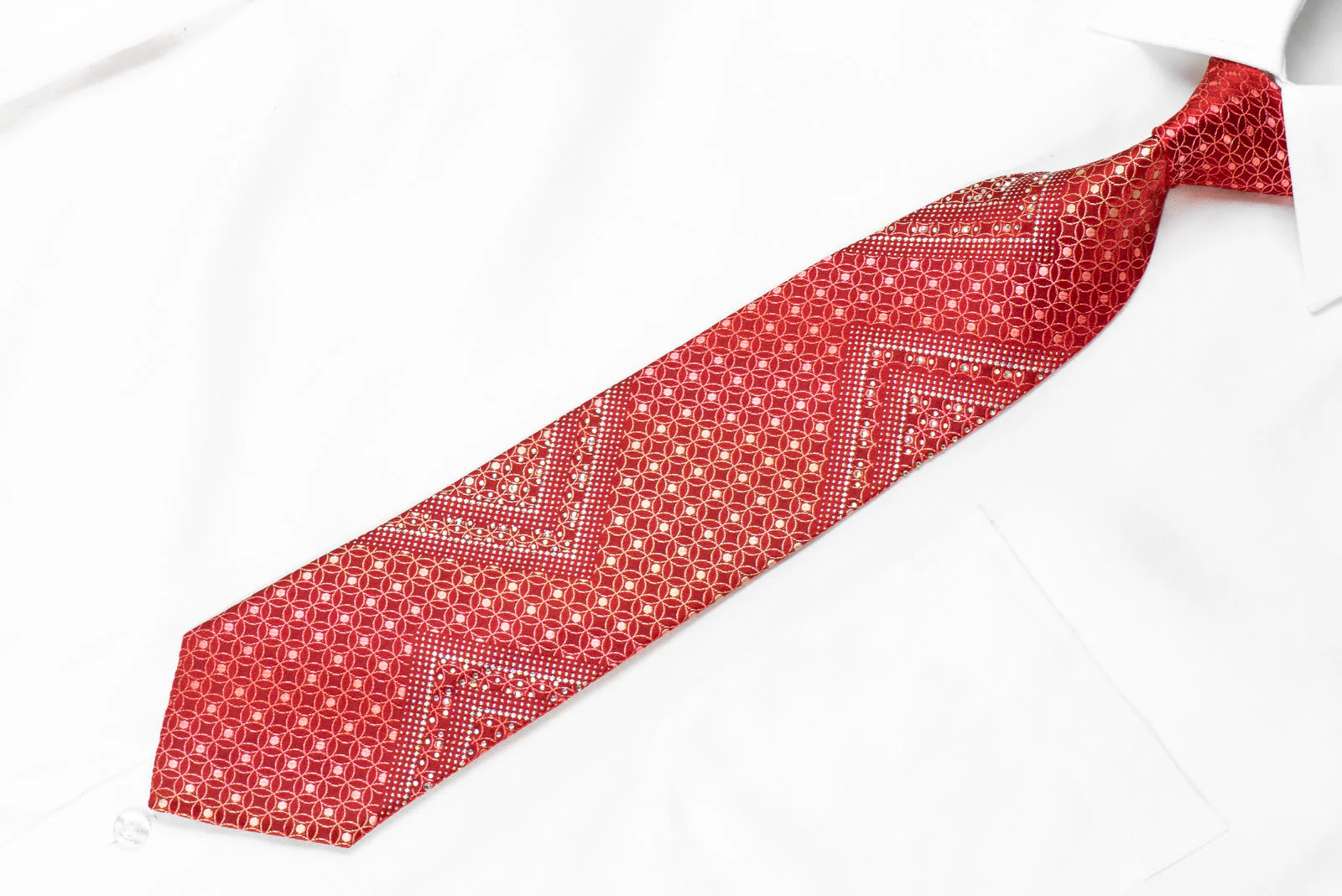 Nina Ricci Mens Rhinestone Silk Necktie Interlocking Circles On Red With Sparkles - Image 3