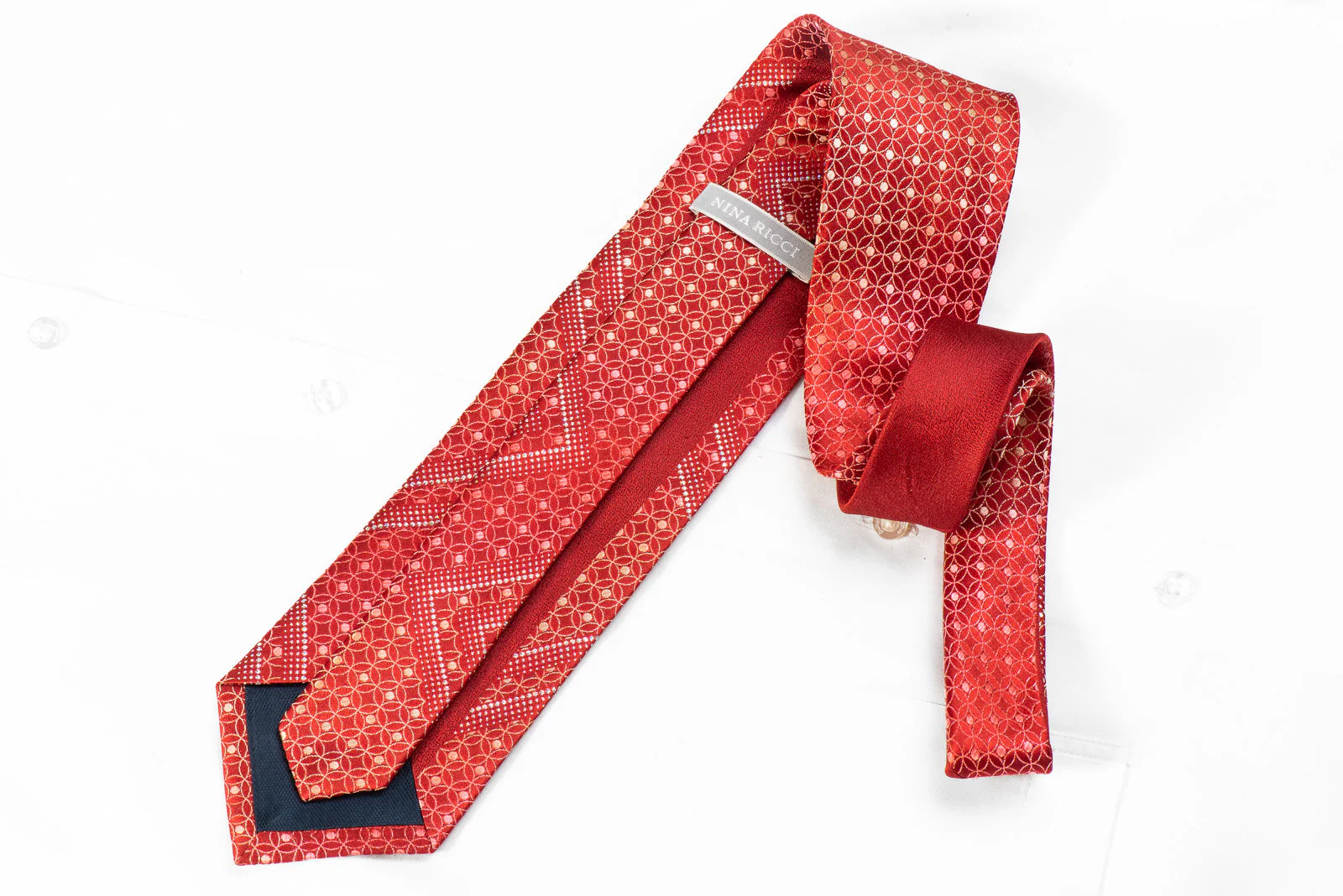 Nina Ricci Mens Rhinestone Silk Necktie Interlocking Circles On Red With Sparkles - Image 4