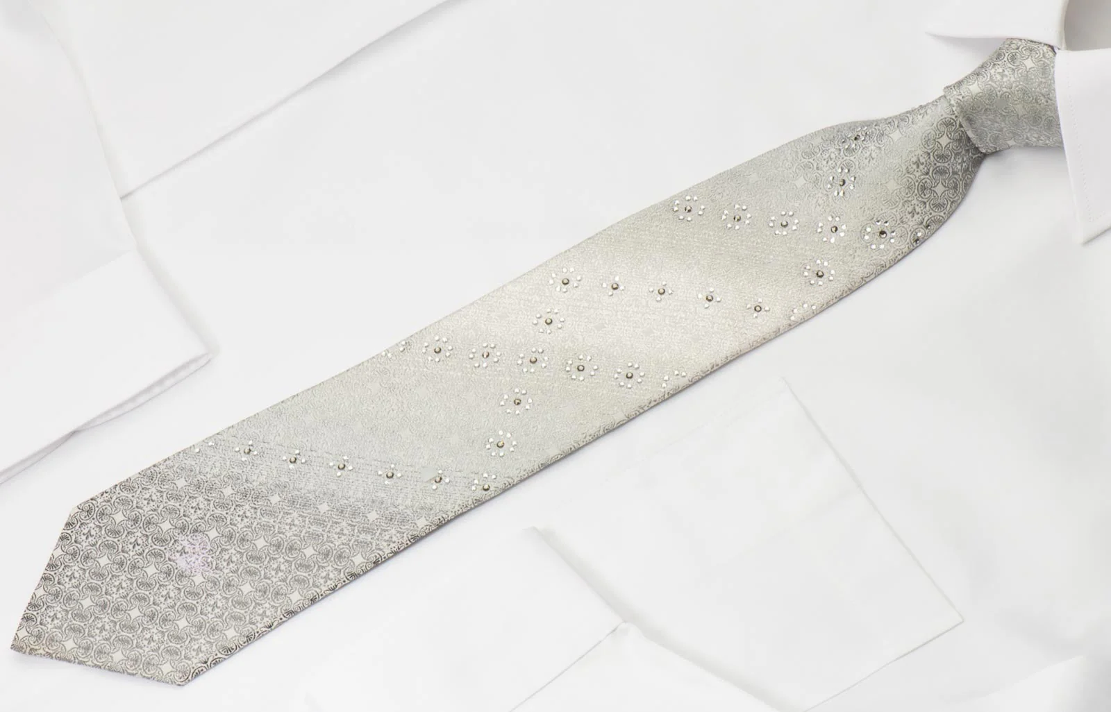 Nina Ricci Mens Rhinestone Silk Necktie Silver Fleur De Lis Motif Design On White - Image 3