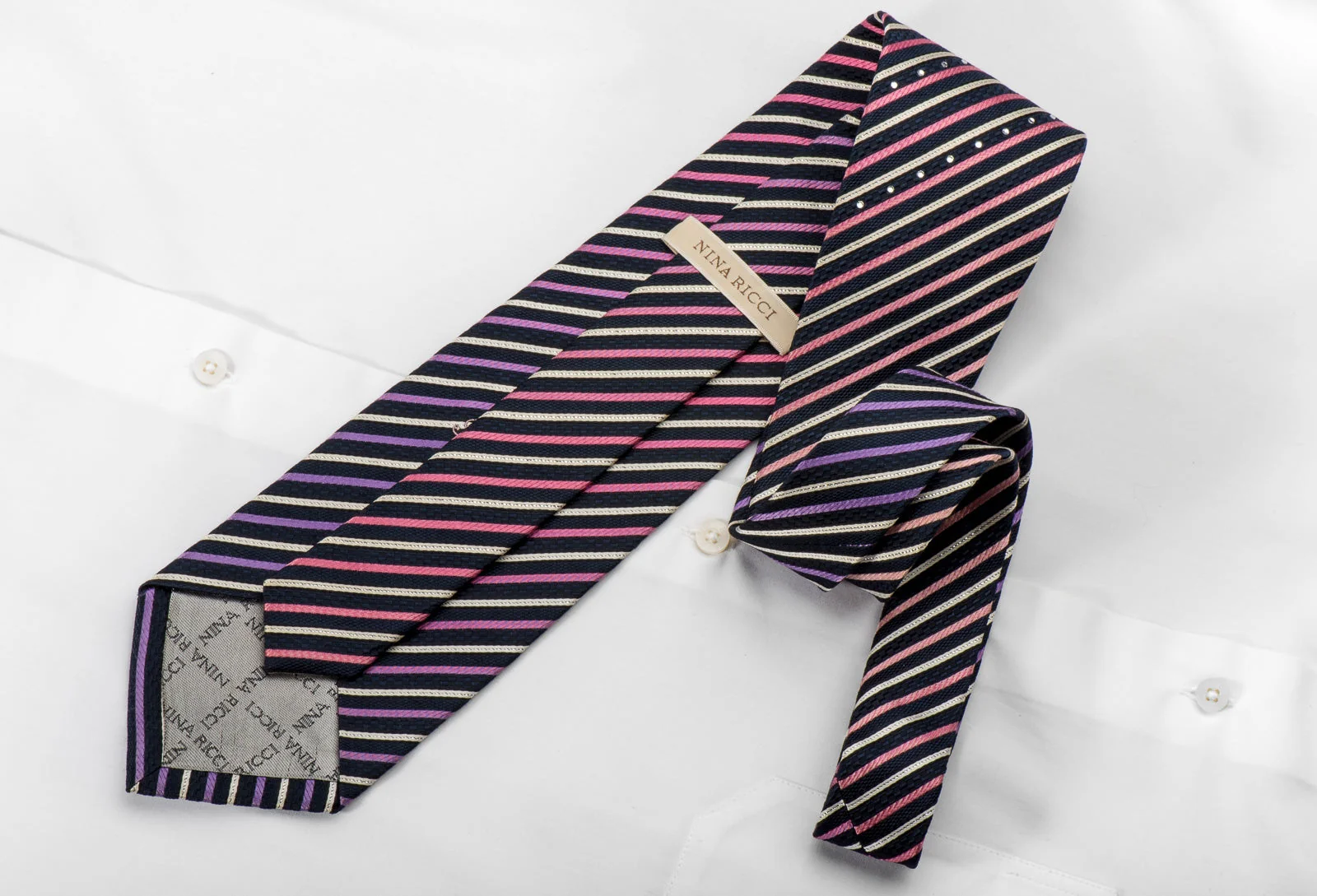Nina Ricci Mens Rhinestone Tie Pink Silver Striped On Navy Blue With Silver Sparkles - Image 3