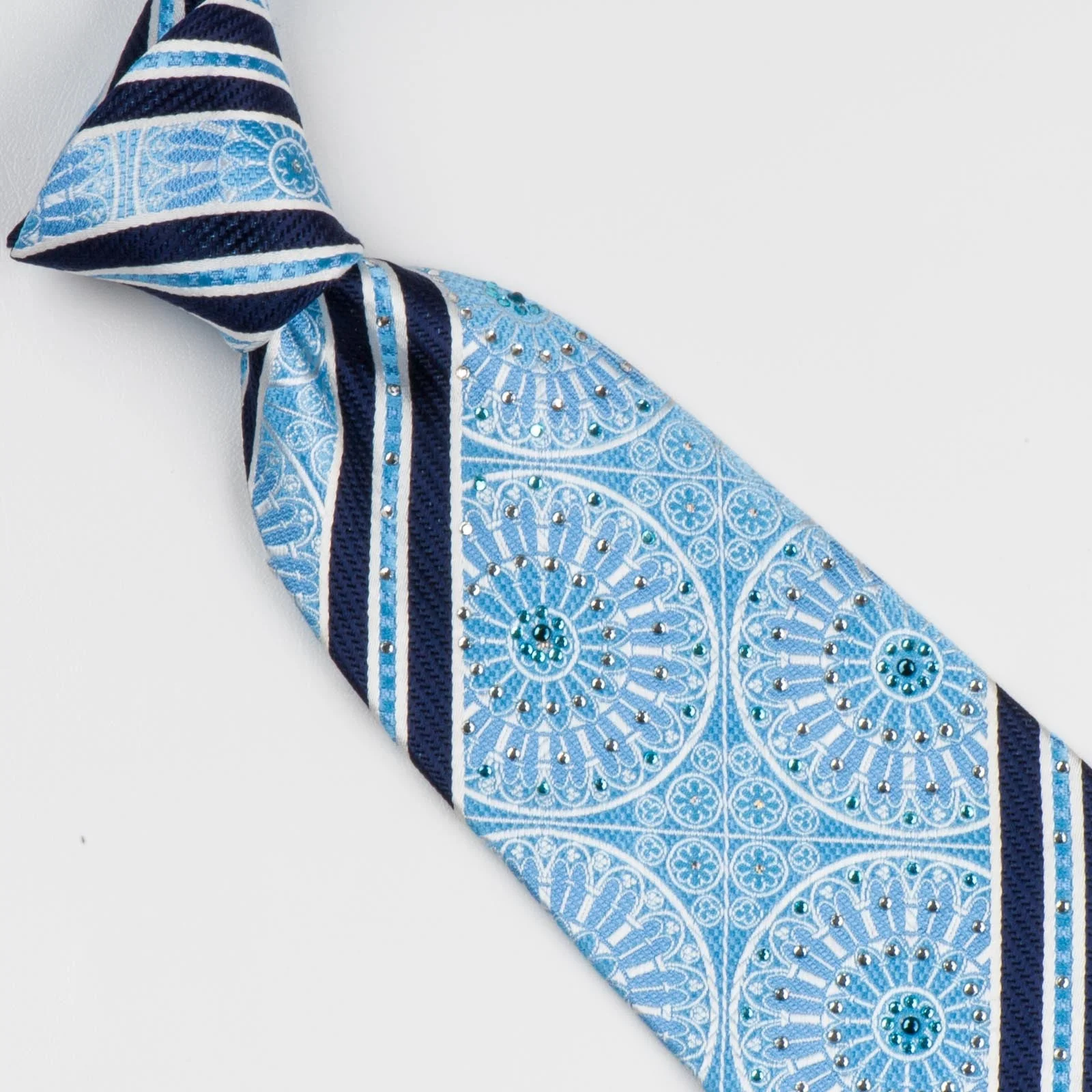Nina Ricci Neck Tie Stripes & Medallions On Sky Blue Silk With Rhinestones - Image 4