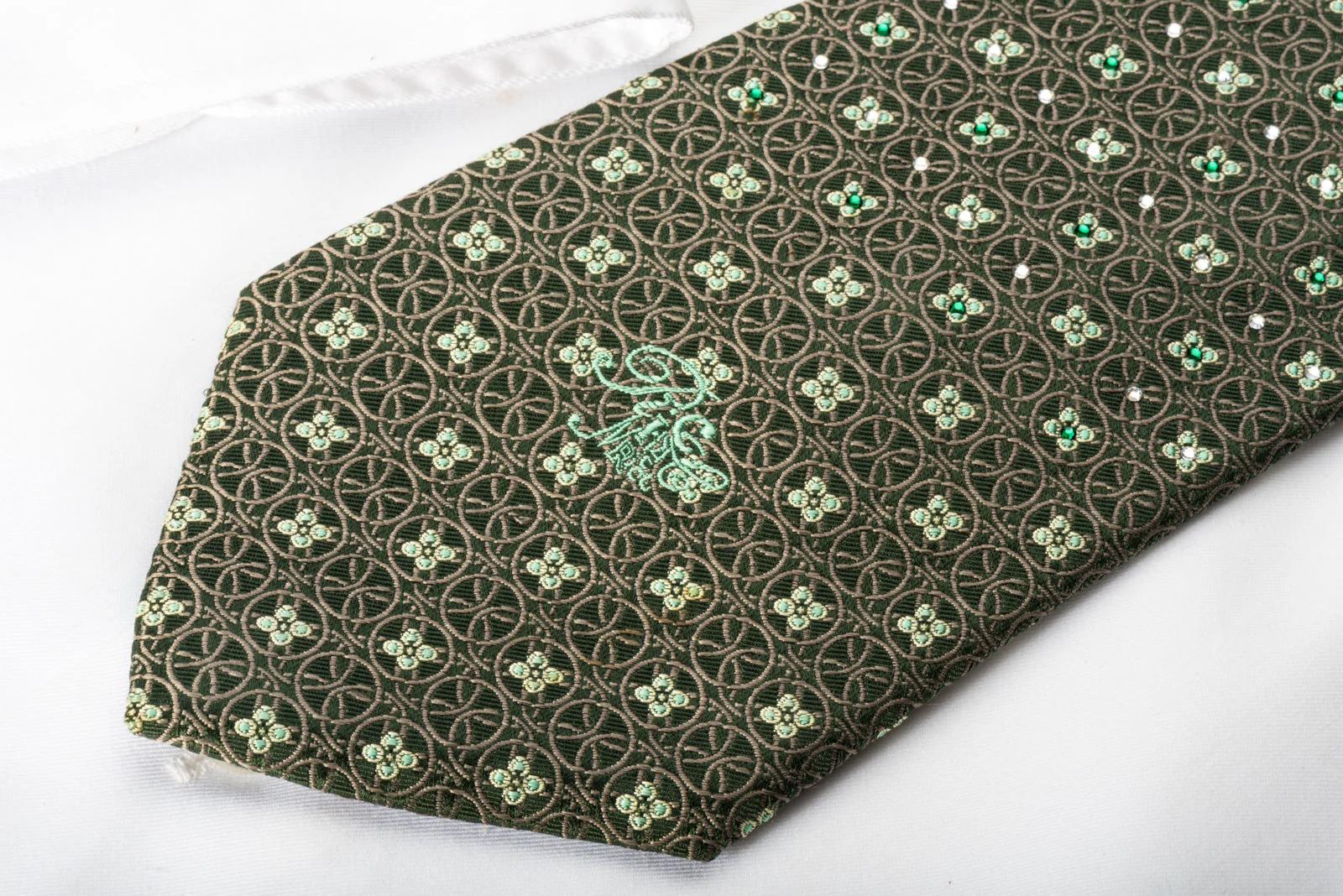Nina Ricci Rhinestone Necktie Floral & Geometric Circles On Green Silk - Image 3