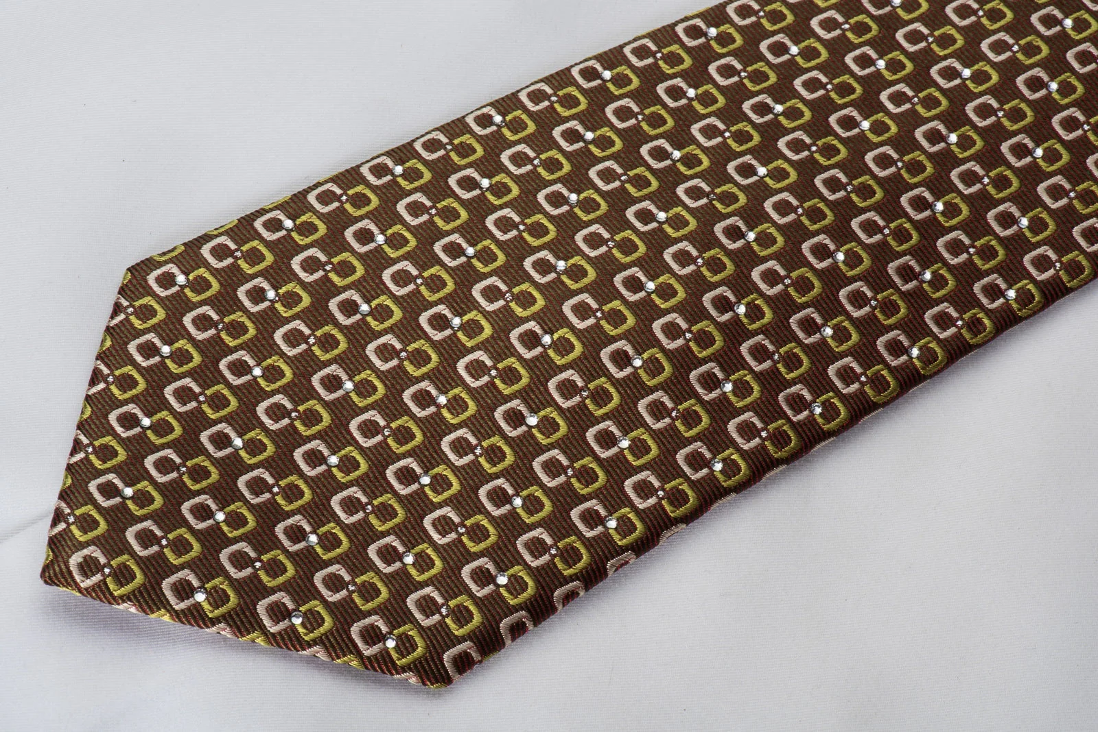 Rhinestone Necktie Green Geometric On Brown With Silver Sparkles - Image 4