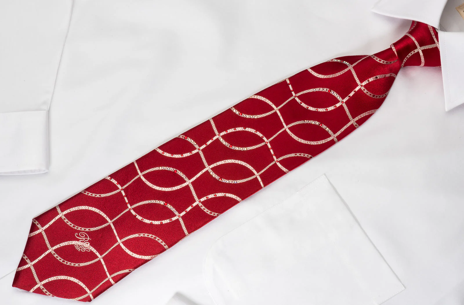 Nina Ricci Rhinestone Necktie Silver Waves On Burgundy Woven Silk - Image 4