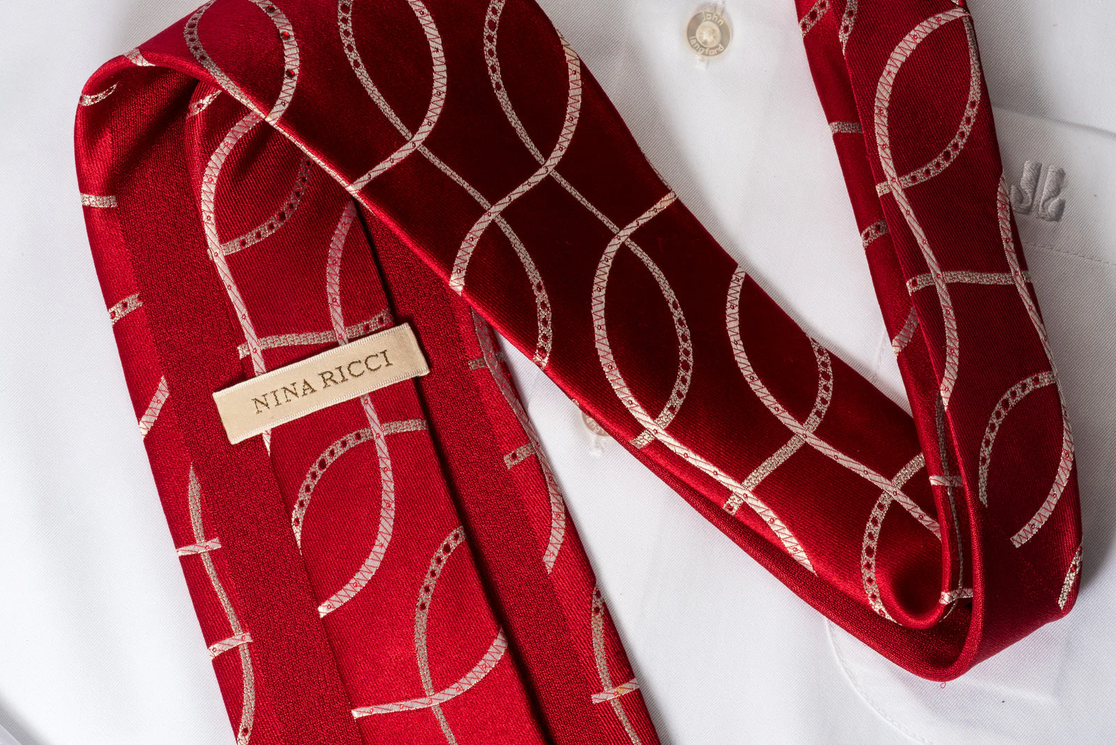 Nina Ricci Rhinestone Necktie Silver Waves On Burgundy Woven Silk - Image 5