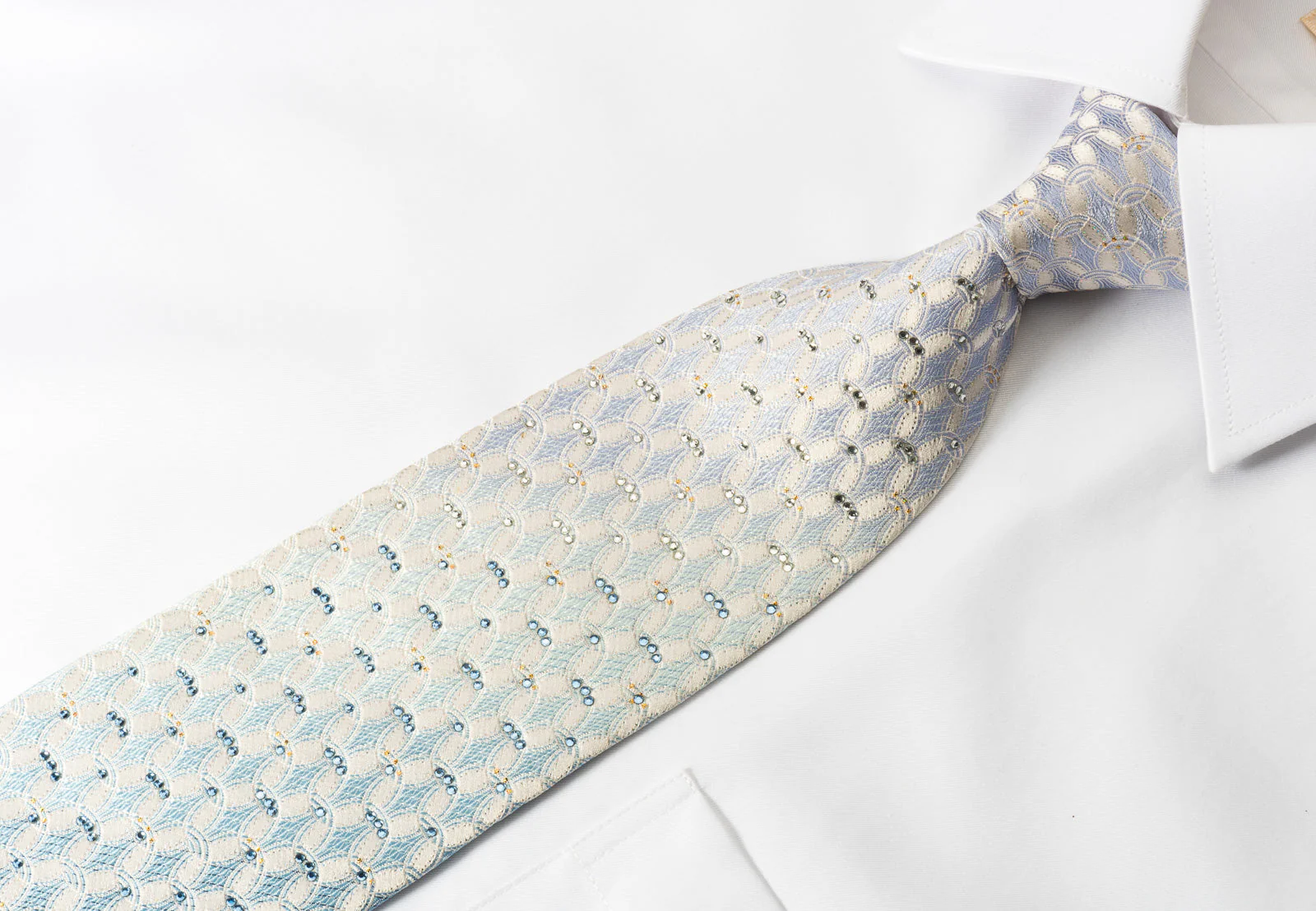 Nina Ricci Rhinestone Silk Necktie Blue Interlocking Circles On White With Gold Silver Sparkles - Image 3