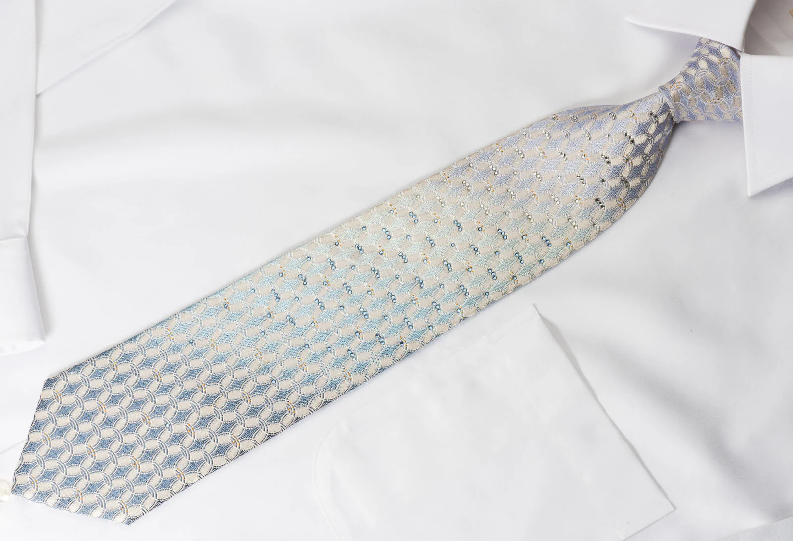 Nina Ricci Rhinestone Silk Necktie Blue Interlocking Circles On White With Gold Silver Sparkles - Image 4