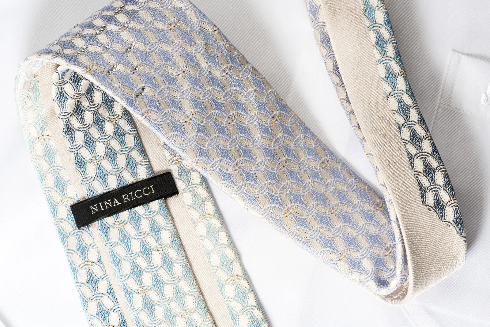 Nina Ricci Rhinestone Silk Necktie Blue Interlocking Circles On White With Gold Silver Sparkles - Image 5