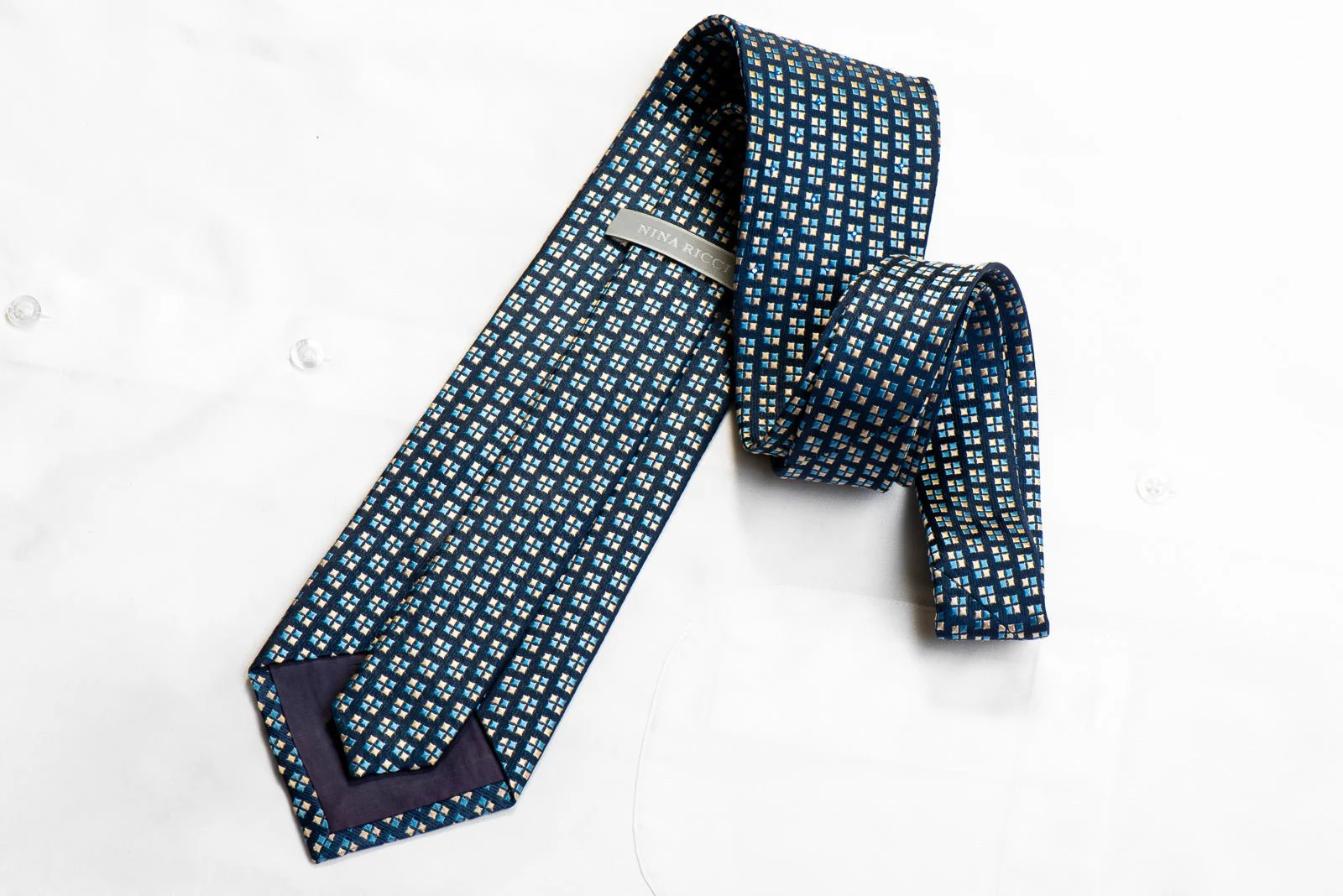Nina Ricci Blue Silver Micro Squares On Navy Rhinestone Silk Necktie - Image 4