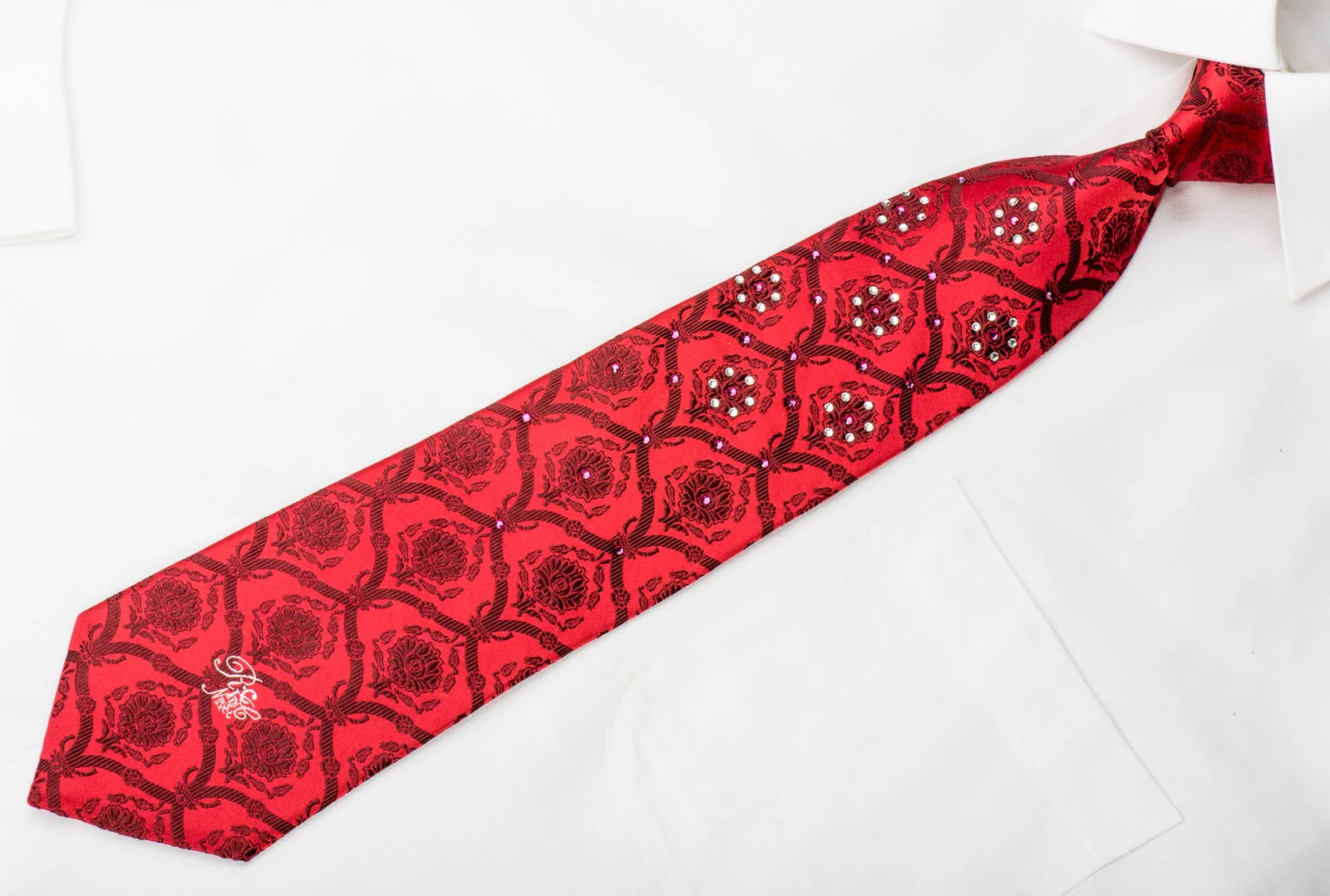 Nina Ricci Mens Rhinestone Silk Necktie Damask On Red - Image 3
