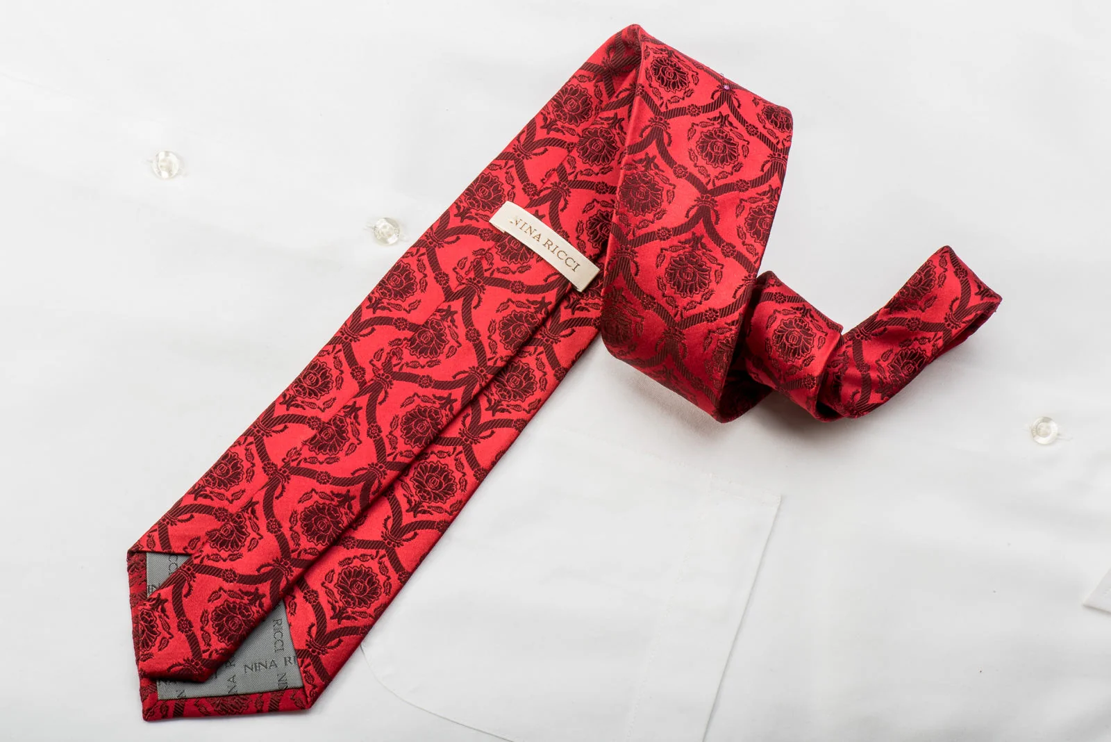 Nina Ricci Mens Rhinestone Silk Necktie Damask On Red - Image 5
