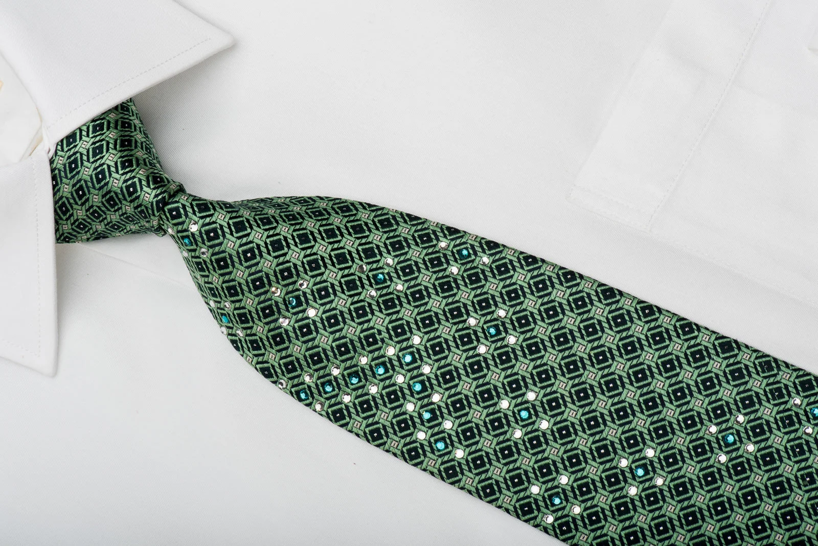 Nina Ricci Rhinestone Silk Necktie Green Trellis On Blue With Silver Sparkles - Image 2