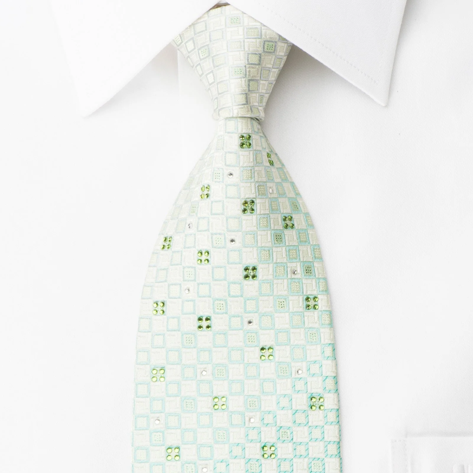 Nina Ricci Rhinestone Silk Necktie Green White Checkered With Silver Sparkles
