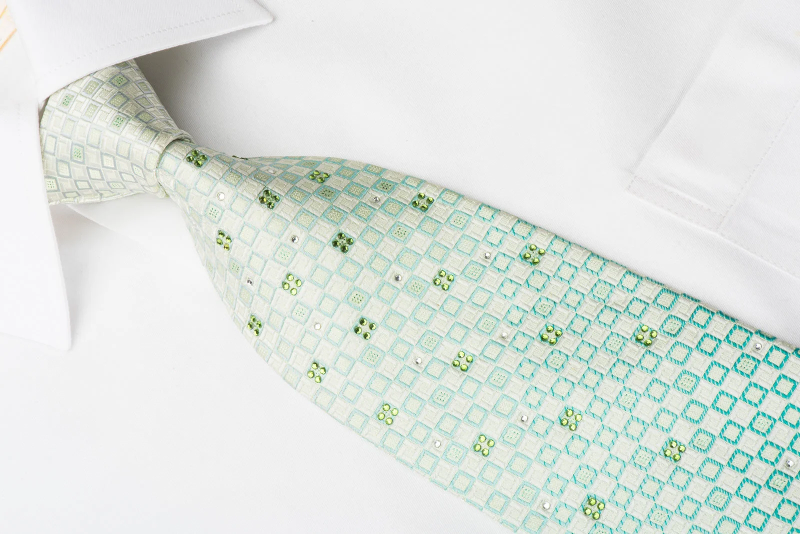Nina Ricci Rhinestone Silk Necktie Green White Checkered With Silver Sparkles - Image 2