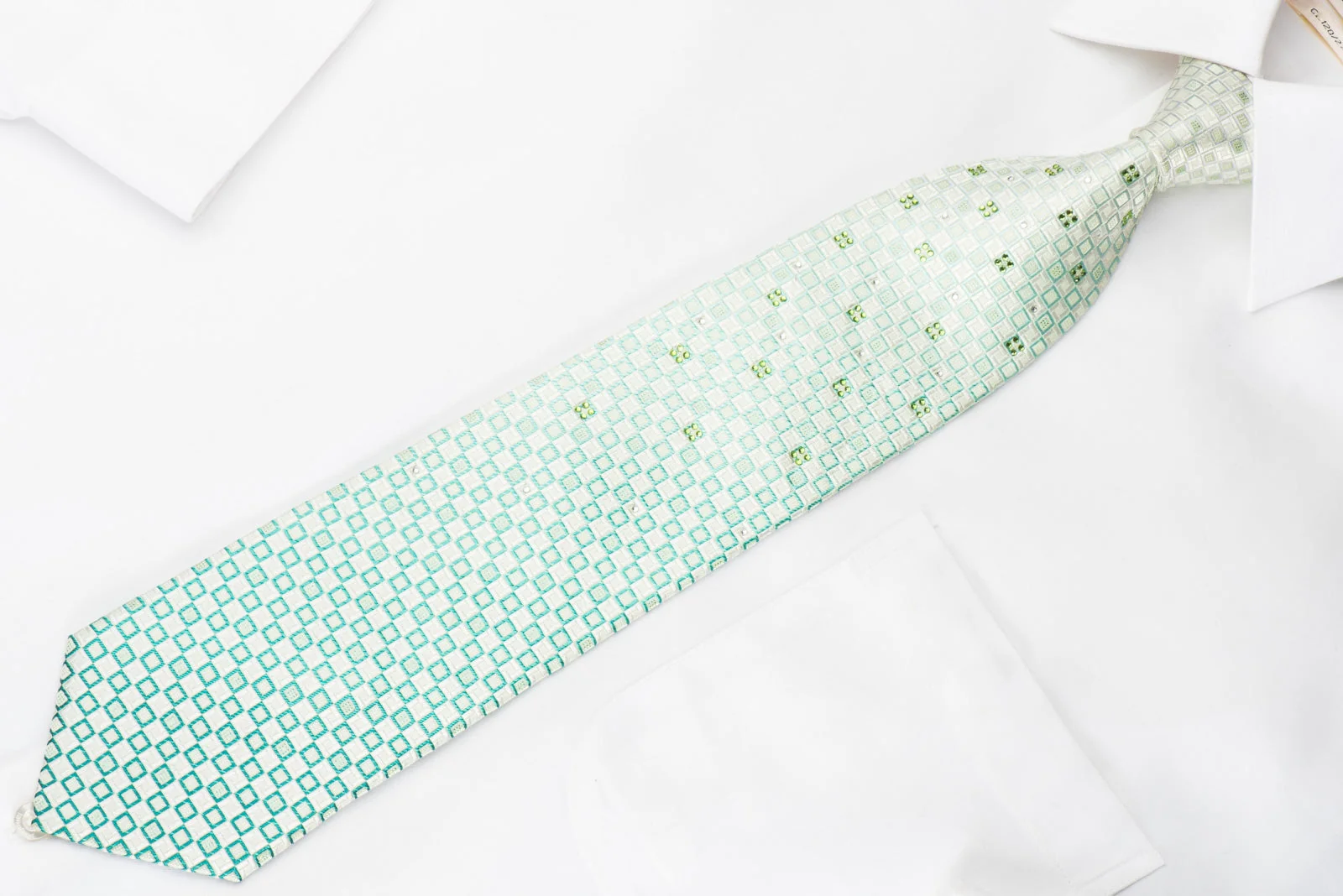 Nina Ricci Rhinestone Silk Necktie Green White Checkered With Silver Sparkles - Image 4