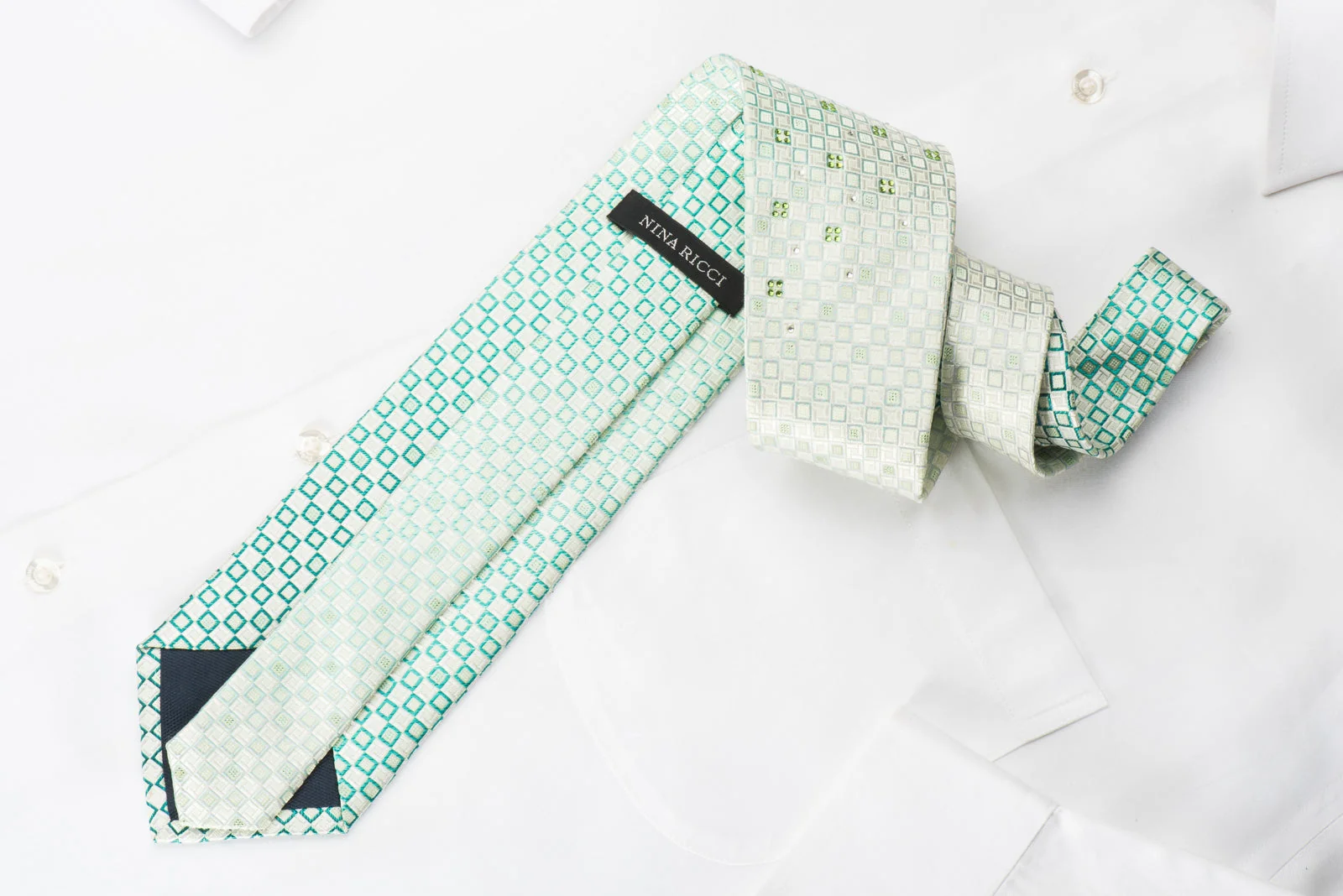 Nina Ricci Rhinestone Silk Necktie Green White Checkered With Silver Sparkles - Image 5