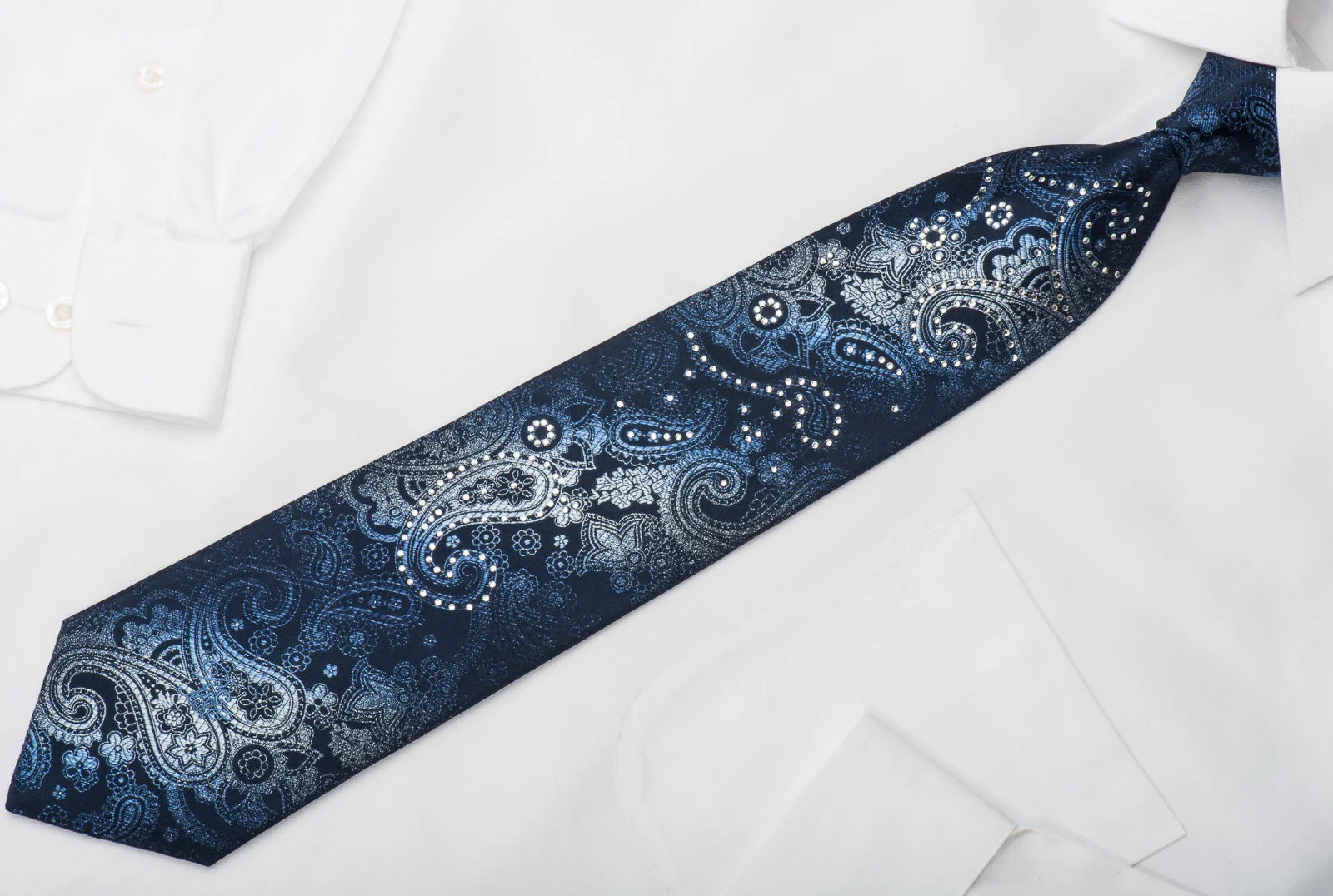 Nina Ricci Rhinestone Silk Necktie Paisley On Blue With Silver Sparkles - Image 5