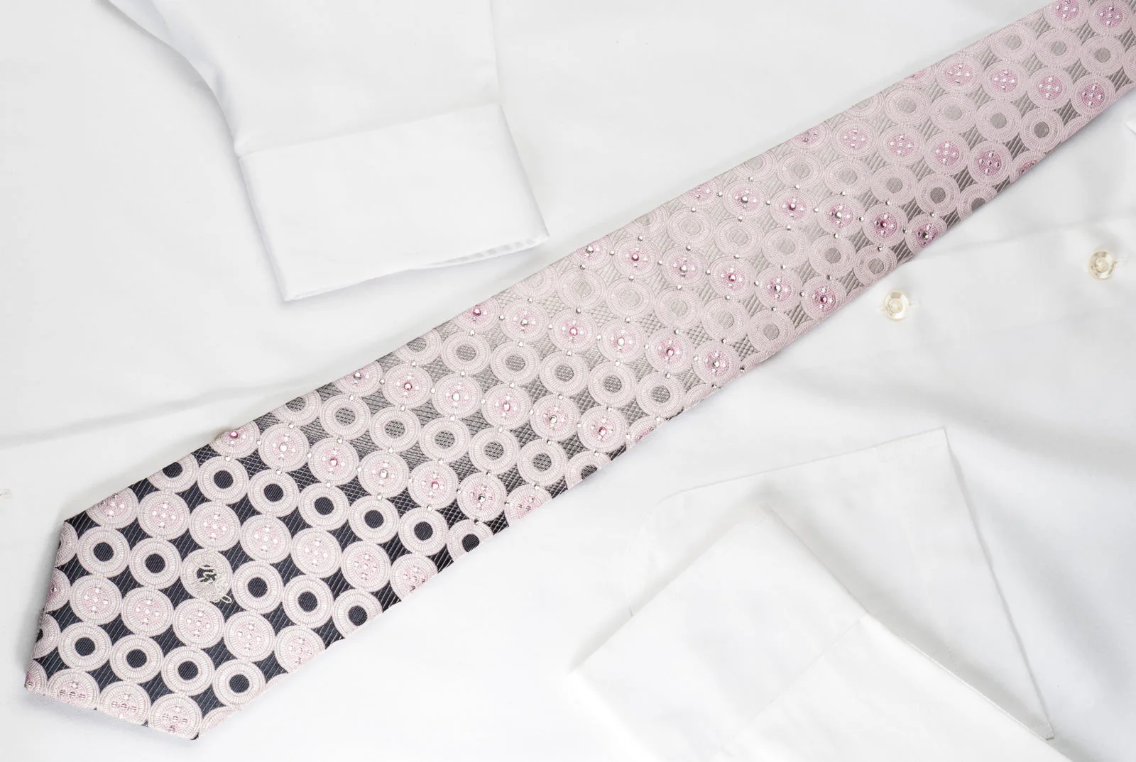 Nina Ricci Rhinestone Silk Necktie Pink Circles On Silver With Silver Sparkles - Image 2
