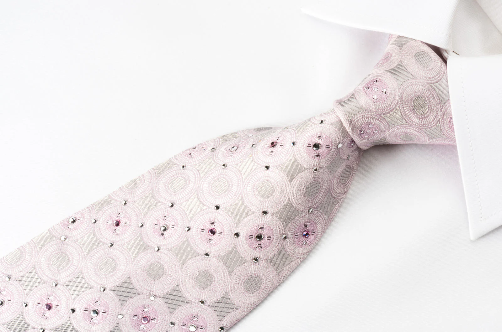 Nina Ricci Rhinestone Silk Necktie Pink Circles On Silver With Silver Sparkles - Image 3