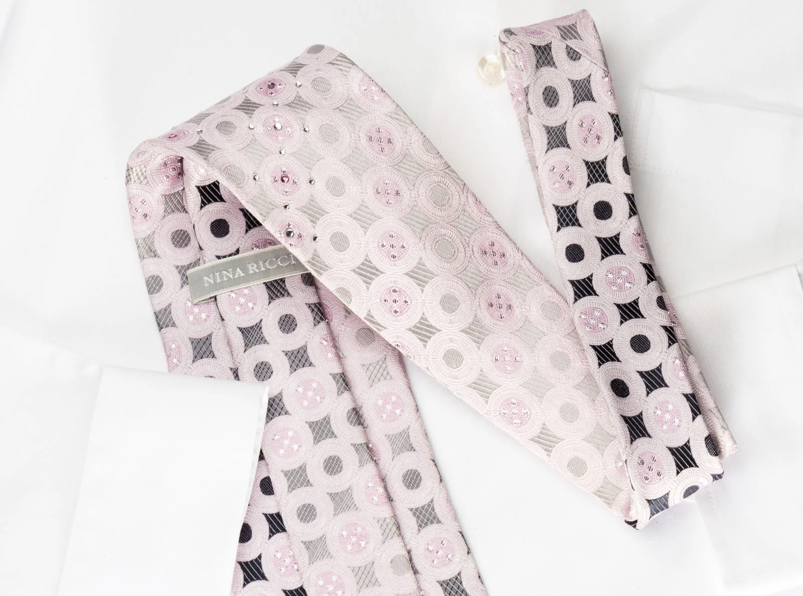 Nina Ricci Rhinestone Silk Necktie Pink Circles On Silver With Silver Sparkles - Image 4