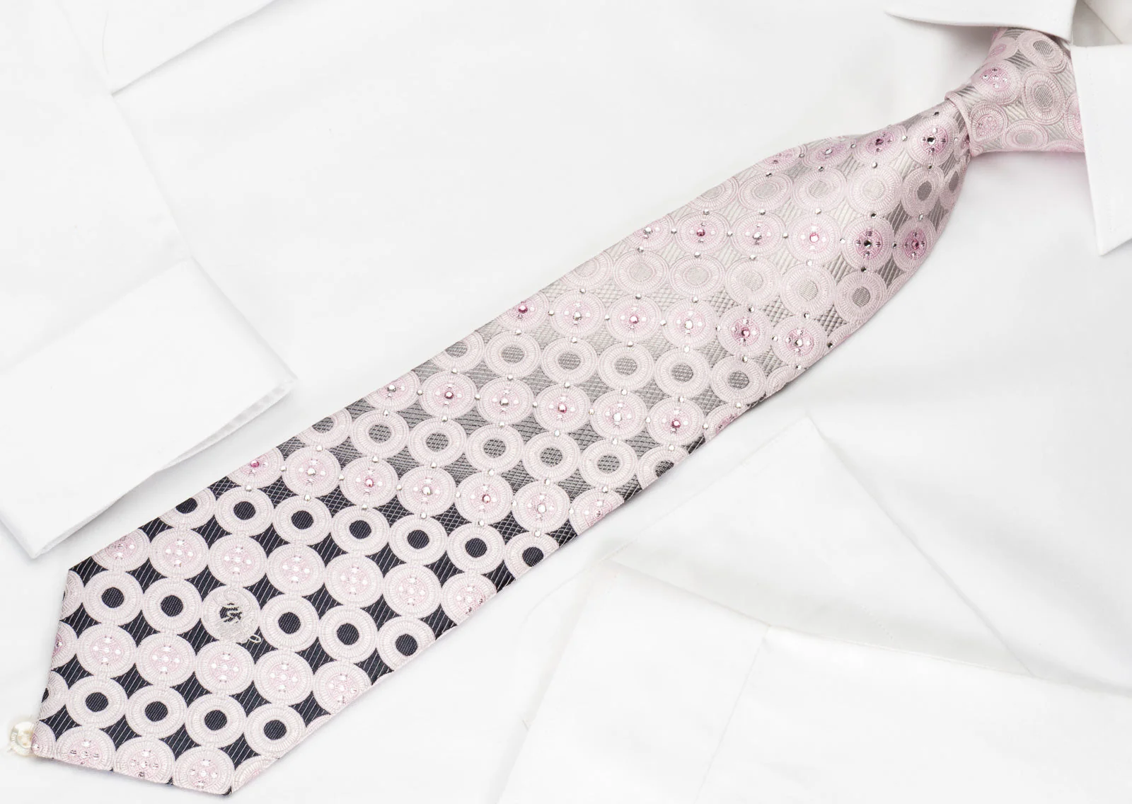 Nina Ricci Rhinestone Silk Necktie Pink Circles On Silver With Silver Sparkles - Image 7