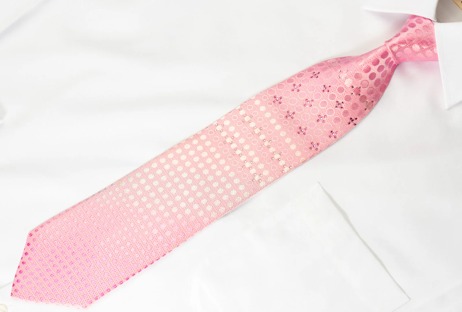 Nina Ricci Rhinestone Silk Necktie Silver Dots On Pink With Pink Sparkles - Image 6