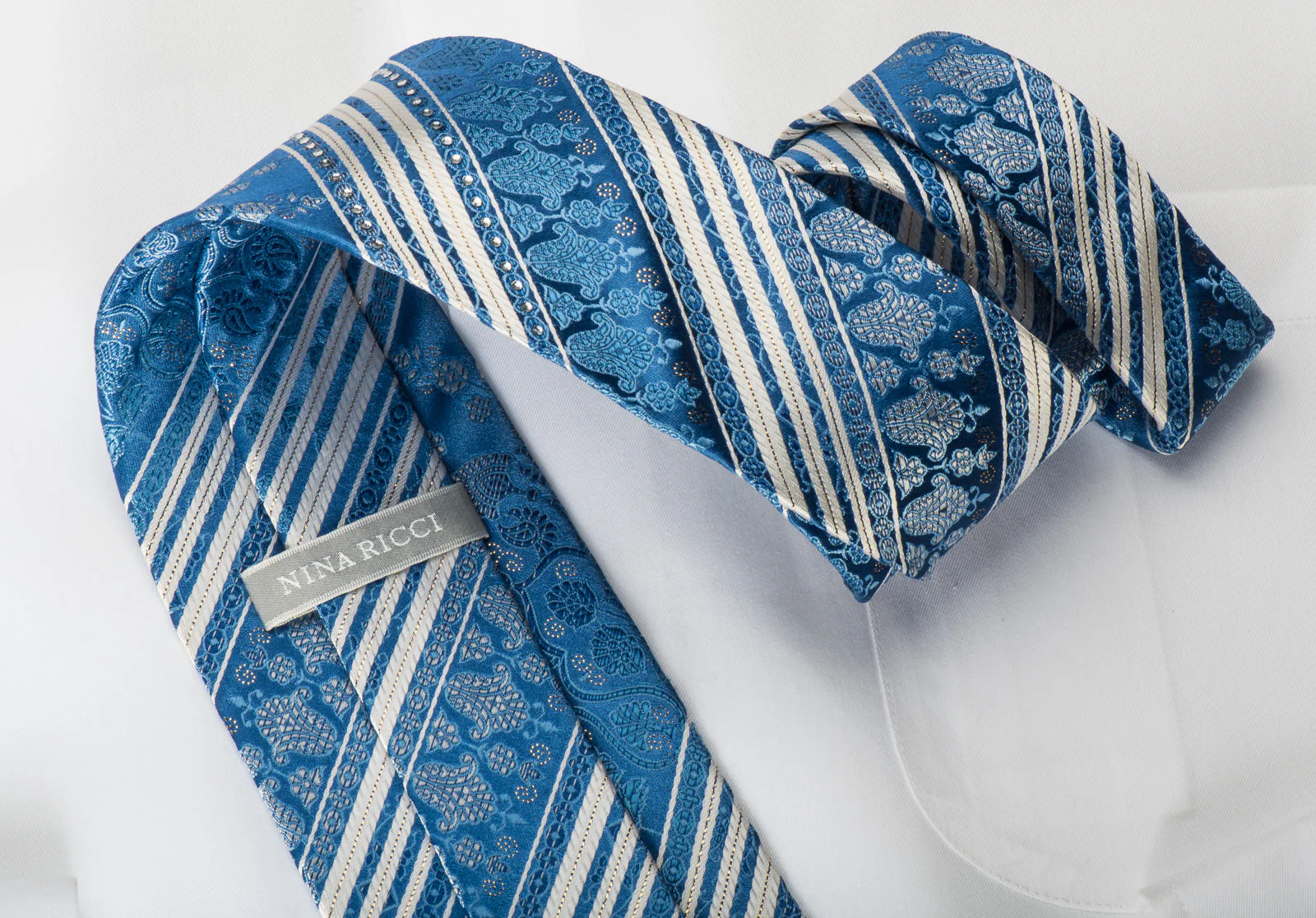 Nina Ricci Rhinestone Silk Necktie White Striped On Blue With Gold Sparkles - Image 4