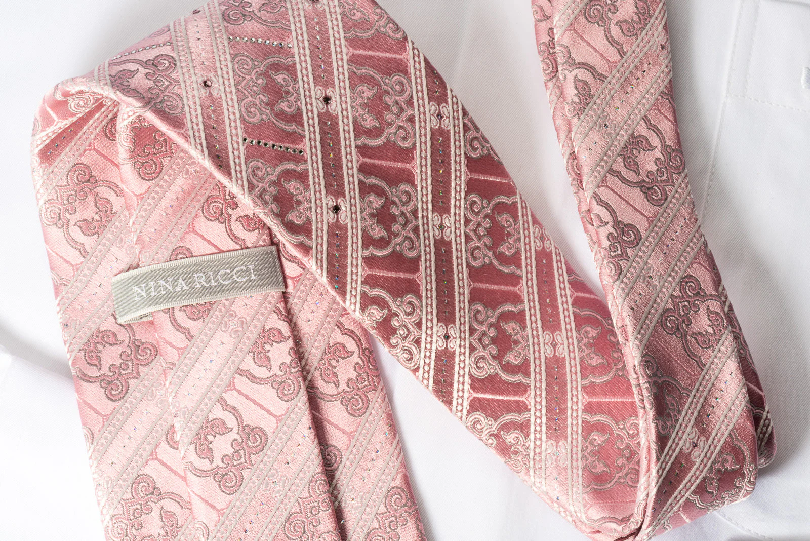 Nina Ricci Rhinestone Silk Necktie White Stripes On Pink With Silver Sparkles - Image 2