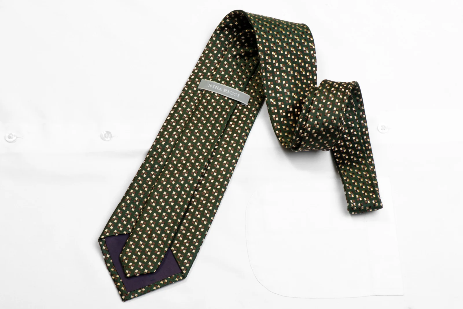 Nina Ricci Rhinestone Silk Tie Beige Brown Squares On Dark Green - Image 4