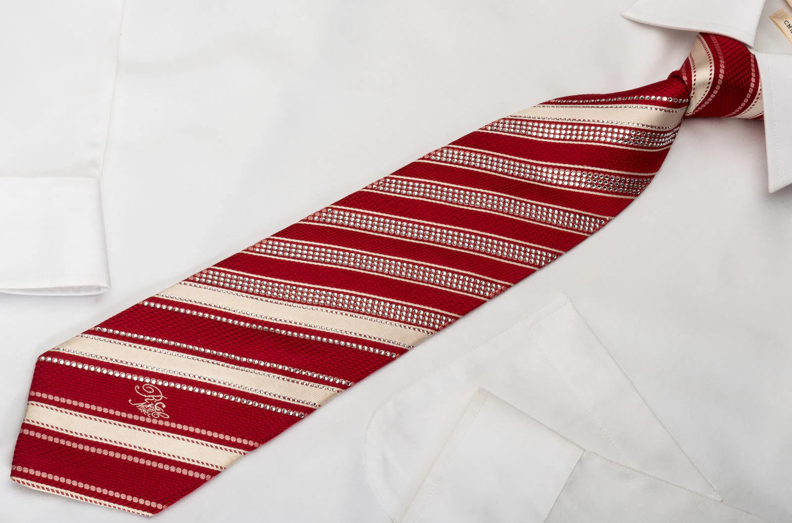 Nina Ricci Rhinestone Silk Tie Red Cream White Striped With Striped Crystals - Image 5