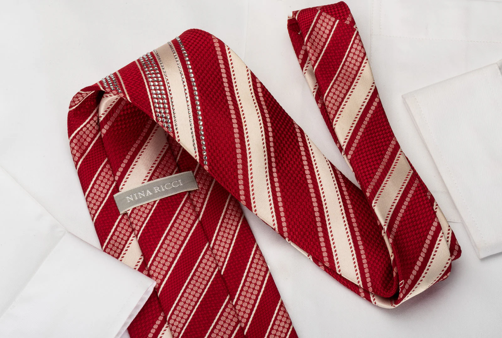 Nina Ricci Rhinestone Silk Tie Red Cream White Striped With Striped Crystals - Image 7