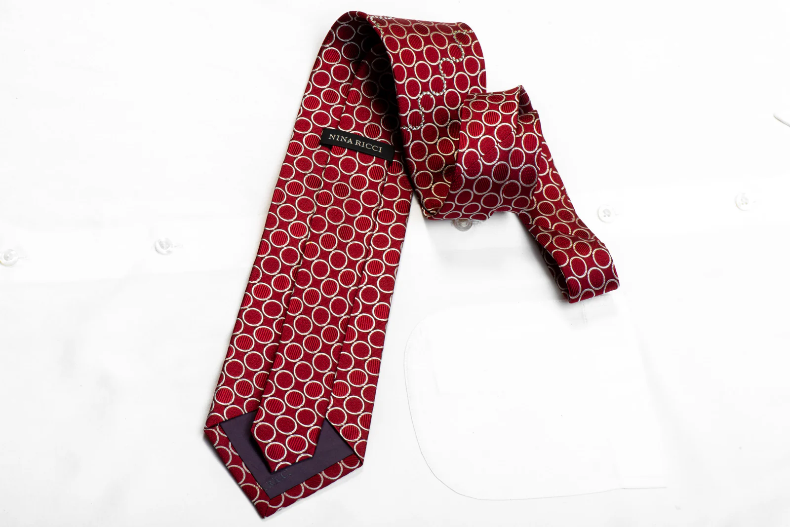 Nina Ricci Rhinestone Silk Tie Silver Circles On Burgundy - Image 4