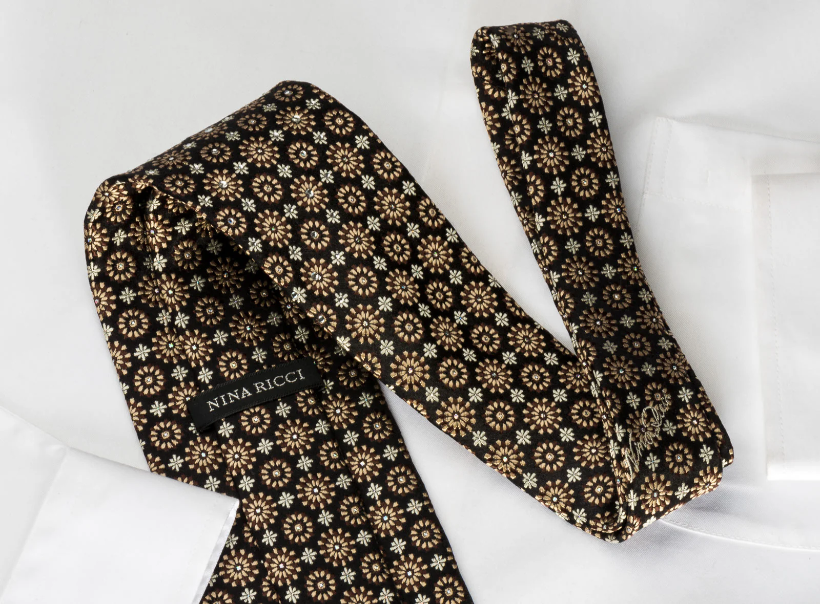 Nina Ricci Rhinestone Tie Floral On Black With Silver Sparkles - Image 5