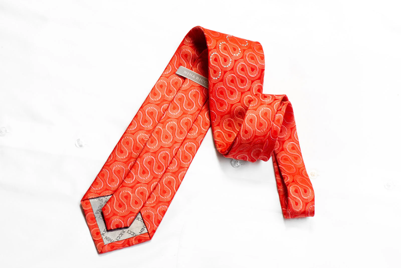 Nina Ricci Rhinestone Tie Geometric Scrolls On Red - Image 5